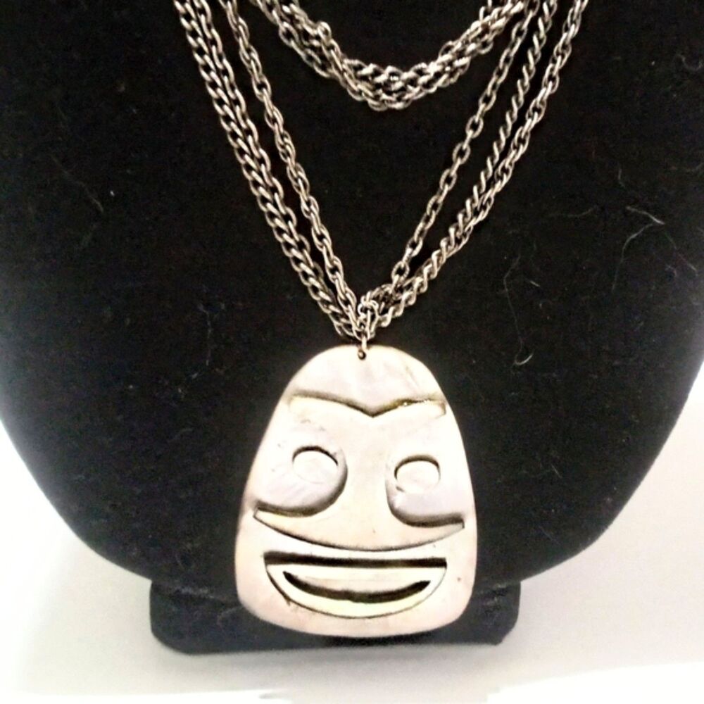 Vtg Mother of Pearl Tiki Mask Pendant Necklace 50" Silver Tone Hawaiian Tribal